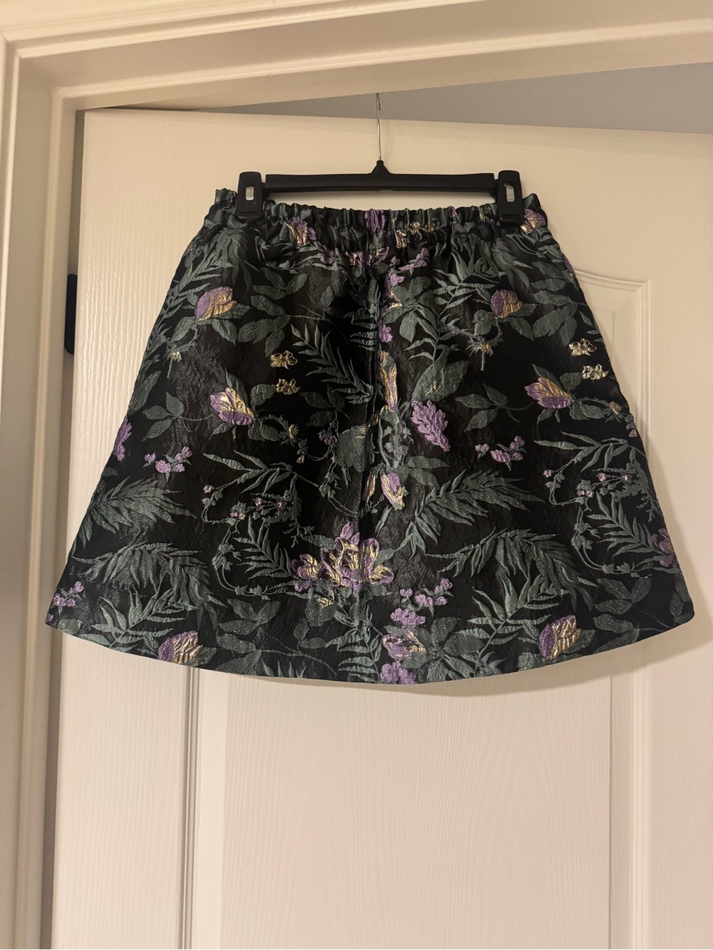Buru Black Floral Jacquard A-Line Skirt - Black with Purple & Green Floral